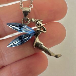 Silver tone and blue tinker bell pendant necklace